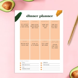 May include: A printable dinner planner with a peach background and black text. The planner includes a weekly meal plan with a section for items to buy. The planner is decorated with illustrations of avocados, zucchini, and cheese.