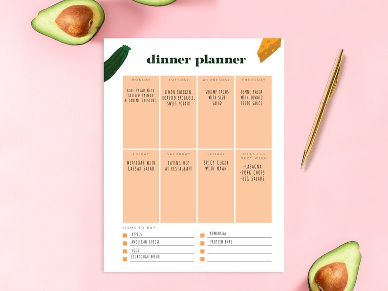 May include: A printable dinner planner with a peach background and black text. The planner includes a weekly meal plan with a section for items to buy. The planner is decorated with illustrations of avocados, zucchini, and cheese.