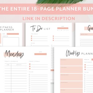 May include: A set of printable planner pages in a minimalist style with pink accents. The pages include a daily fitness planner, a to-do list, a weekly planner, and a goal tracker.