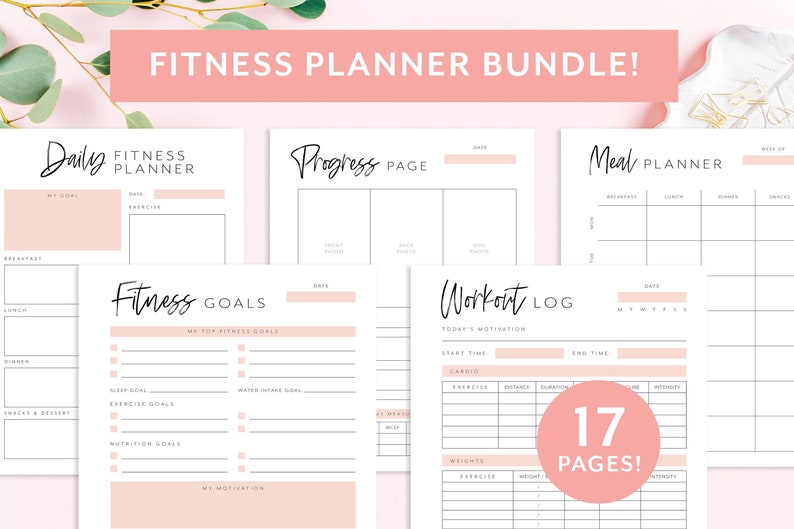 May include: A printable fitness planner bundle with 17 pages. The pages include a daily fitness planner, a progress page, a meal planner, a fitness goals page, and a workout log. The pages are designed with a minimalist aesthetic and feature a pink and white color scheme.
