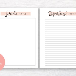 May include: Two blank pages, one with the text "Doodle Page" and the other with the text "Important Notes". Both pages have a pink stripe at the top. A pink circle with the text "Bonus Notes & Doodle Pages" is in the bottom left corner.
