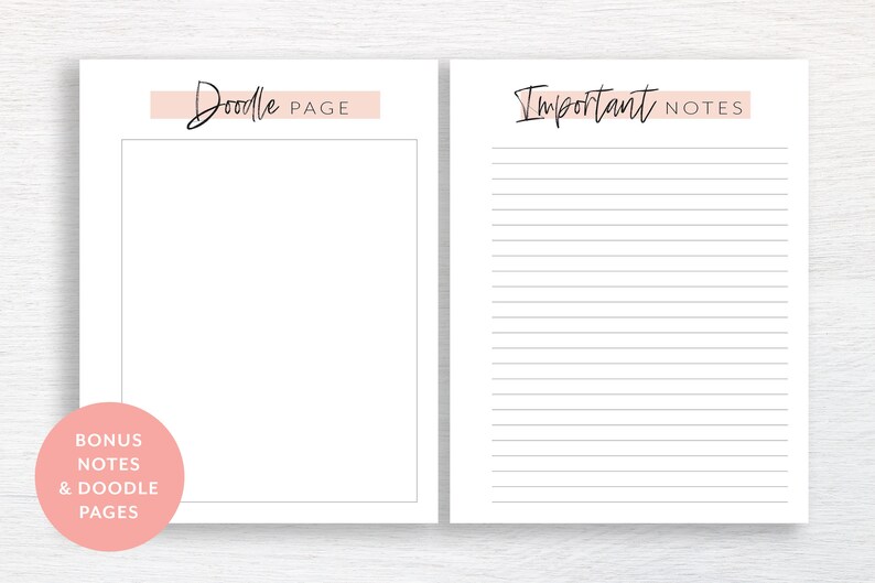 May include: Two blank pages, one with the text "Doodle Page" and the other with the text "Important Notes". Both pages have a pink stripe at the top. A pink circle with the text "Bonus Notes & Doodle Pages" is in the bottom left corner.