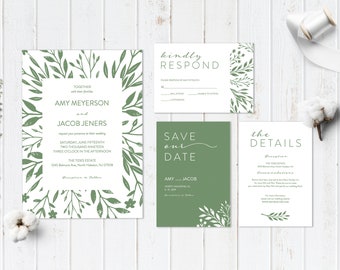 Greenery Wedding Invitation Template, Printable Wedding Invitation, Boho Wedding Invitation, Foliage Wedding Invitation, Digital Download