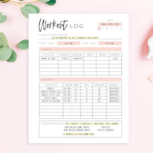 May include: A printable workout log with a pink background. The log includes sections for cardio, weights, and other exercises. The date is April 10th, 2023. The start time is 1:30 AM and the end time is 1:30 AM.