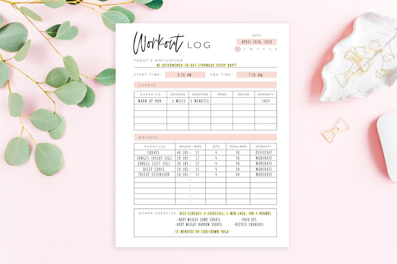 May include: A printable workout log with a pink background. The log includes sections for cardio, weights, and other exercises. The date is April 10th, 2023. The start time is 1:30 AM and the end time is 1:30 AM.