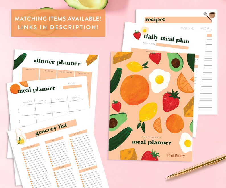 May include: A set of printable meal planner pages with a colorful fruit and vegetable design. The pages include a daily meal plan, a dinner planner, a meal planner, and a grocery list. The text "The Ultimate Meal Planner" is printed on the cover page.