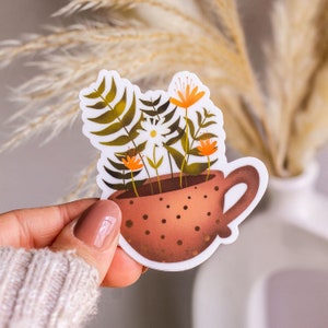 Floral Tea Cup Sticker, Vinyl Sticker, 2.5&quot; x 3&quot;, Tea Lover Gift, Coffee Lover Gift, Waterproof Sticker, Floral Sticker, Laptop Sticker