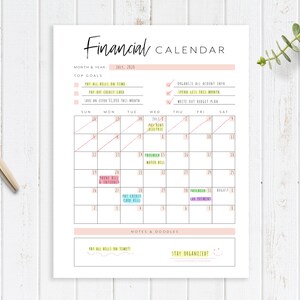 Financial Calendar Printable Planner Page, Finance Planner, Bill ...