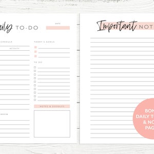 May include: A printable daily planner with sections for today's schedule, today's goals, notes and doodles, and for tomorrow. The planner also includes a section for important notes. The planner has a pink and white color scheme.