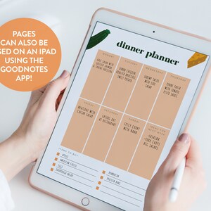 May include: A digital planner on an iPad with a peach background and black text. The planner is titled "dinner planner" and has a weekly meal plan with different meals listed for each day of the week. The planner also includes a section for "items to buy" with a checklist.