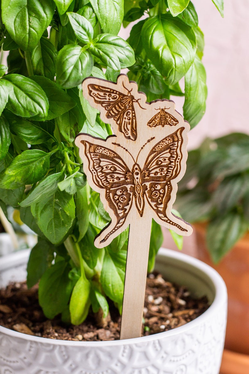 Moths Plant Stake, Plant Markers, Garden Stakes, Garden Decor, Plant Accessories, Wooden Plant Stake, Wood Plant Pick, Plant Decor image 3