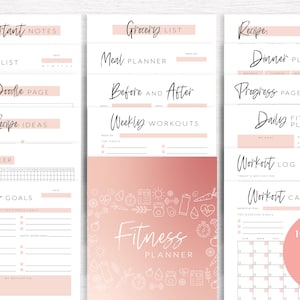 May include: A printable fitness planner with 16 pages, including a cover page. The planner features a pink and white color scheme with a pink gradient background and white illustrations of fitness-related items. The planner includes pages for habit tracking, fitness goals, meal planning, weekly workouts, workout logs, and a workout calendar.