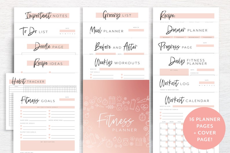 May include: A printable fitness planner with 16 pages, including a cover page. The planner features a pink and white color scheme with a pink gradient background and white illustrations of fitness-related items. The planner includes pages for habit tracking, fitness goals, meal planning, weekly workouts, workout logs, and a workout calendar.