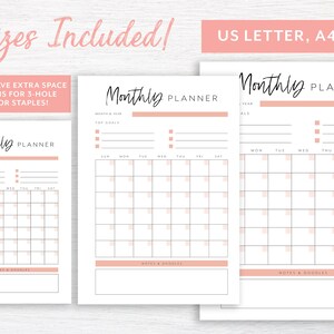 May include: Three printable monthly planner templates in US Letter, A4, and A5 sizes. Each planner features a simple design with a calendar grid, space for top goals, and a notes section. The text "Monthly Planner" is written in a handwritten font.