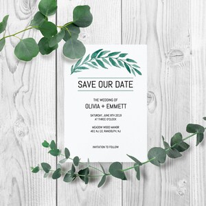 White Greenery Framed Wedding Save The Date Card, Save the Date, Boho Greenery Wedding, Save the Date Postcard, Editable PDF Template