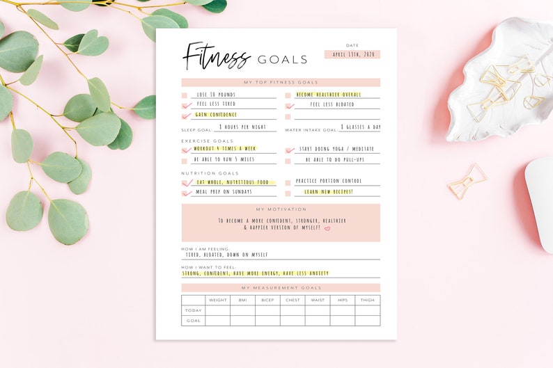 May include: A printable fitness goals tracker with a pink and white color scheme. The tracker includes sections for sleep, exercise, nutrition, water intake, and motivation. It also includes a section for tracking measurements such as weight, bicep, chest, waist, hips, and thighs.