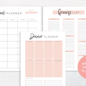 May include: Printable meal and grocery planner templates. The templates are designed with a minimalist aesthetic and feature a pink background with black text. The meal planner includes sections for breakfast, lunch, dinner, and snacks. The grocery list includes sections for produce, meat, pantry, frozen, dairy & deli, baking, and other.