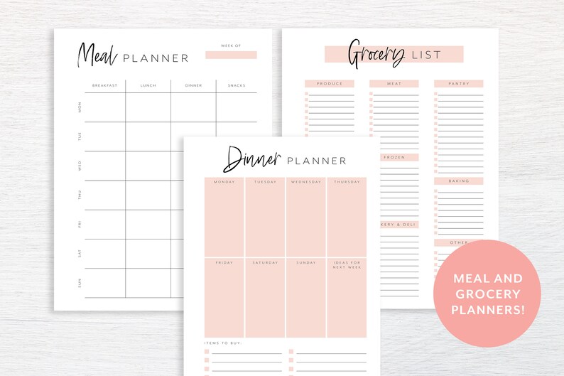 May include: Printable meal and grocery planner templates. The templates are designed with a minimalist aesthetic and feature a pink background with black text. The meal planner includes sections for breakfast, lunch, dinner, and snacks. The grocery list includes sections for produce, meat, pantry, frozen, dairy & deli, baking, and other.