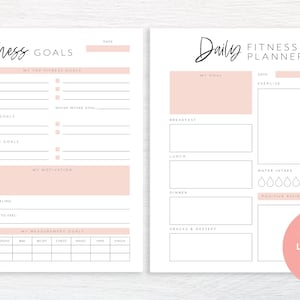 May include: Printable fitness planner with sections for daily and long-term goals. Includes sections for tracking sleep, water intake, exercise, nutrition, and measurements. Also includes a daily planner with sections for meals, exercise, water intake, and positive affirmations.
