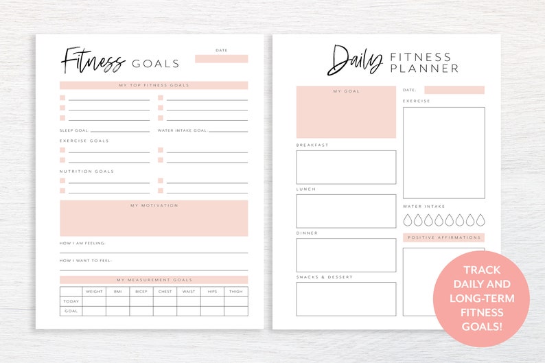 May include: Printable fitness planner with sections for daily and long-term goals. Includes sections for tracking sleep, water intake, exercise, nutrition, and measurements. Also includes a daily planner with sections for meals, exercise, water intake, and positive affirmations.