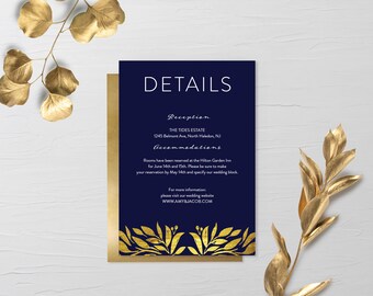 Navy Gold Floral Wedding Details Card, Wedding Details Card Template, Elegant Wedding, Wedding Information Card, Digital Download Wedding