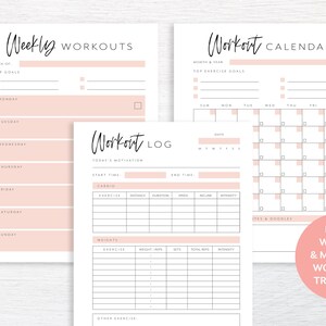 May include: Printable workout log and calendar templates. The templates are designed with a pink and white color scheme and include sections for weekly, daily, and monthly workout tracking.
