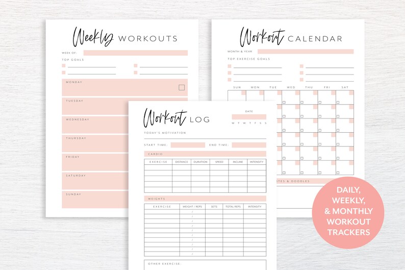 May include: Printable workout log and calendar templates. The templates are designed with a pink and white color scheme and include sections for weekly, daily, and monthly workout tracking.