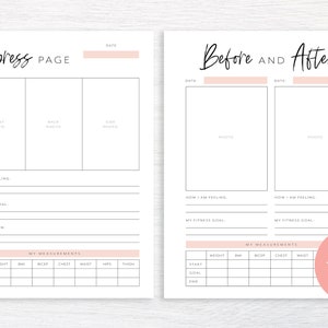 May include: A printable progress tracker for fitness goals. The tracker includes sections for before and after photos, measurements, fitness goals, and motivation. The text "Progress Trackers to see how far you've come!" is included in a circle.