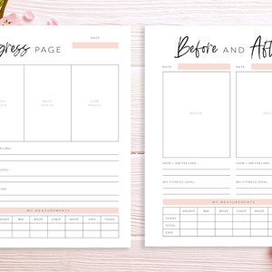 May include: Printable fitness tracker with sections for progress photos, measurements, fitness goals, and motivation. The tracker includes a "Before and After" section with space for two photos and a "Progress Page" section with space for three photos.