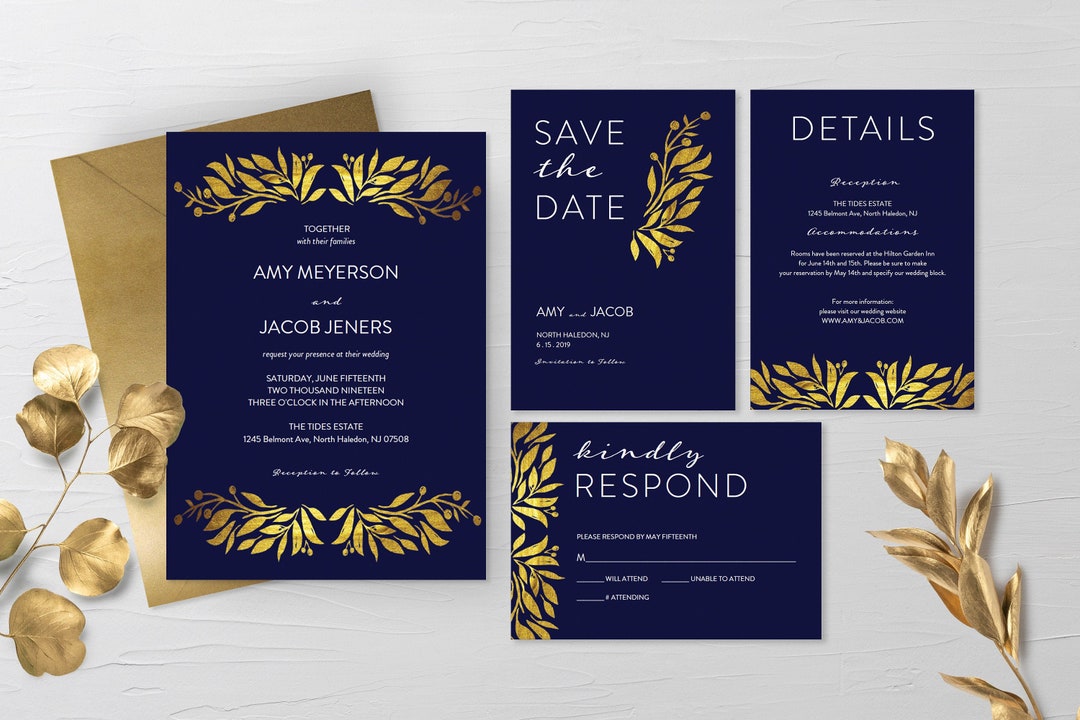 Navy Blue Wedding Invitation, Wedding Invitation Template, Elegant