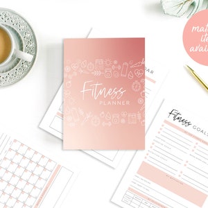 May include: A pink and white fitness planner with a calendar, fitness goals, and a cover with the text "Fitness Planner" and white fitness icons.