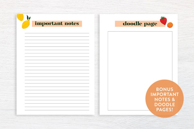May include: Two printable pages, one with a lemon illustration and the text "important notes" and the other with a strawberry and orange illustration and the text "doodle page".