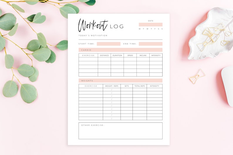 May include: A printable workout log with sections for cardio, weights, and other exercises. The log includes columns for exercise, distance, duration, speed, incline, intensity, weight/reps, sets, total reps, and intensity.