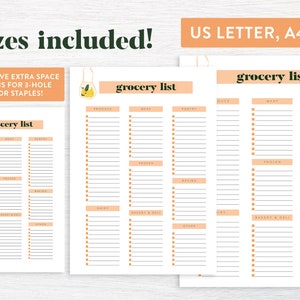 May include: Three printable grocery list templates in US Letter, A4, and A5 sizes. Each template features a peach background with black text and a small illustration of a grocery bag with lemons. The list is divided into categories such as produce, meat, pantry, and dairy.