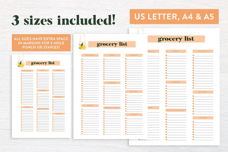 May include: Three printable grocery list templates in US Letter, A4, and A5 sizes. Each template features a peach background with black text and a small illustration of a grocery bag with lemons. The list is divided into categories such as produce, meat, pantry, and dairy.