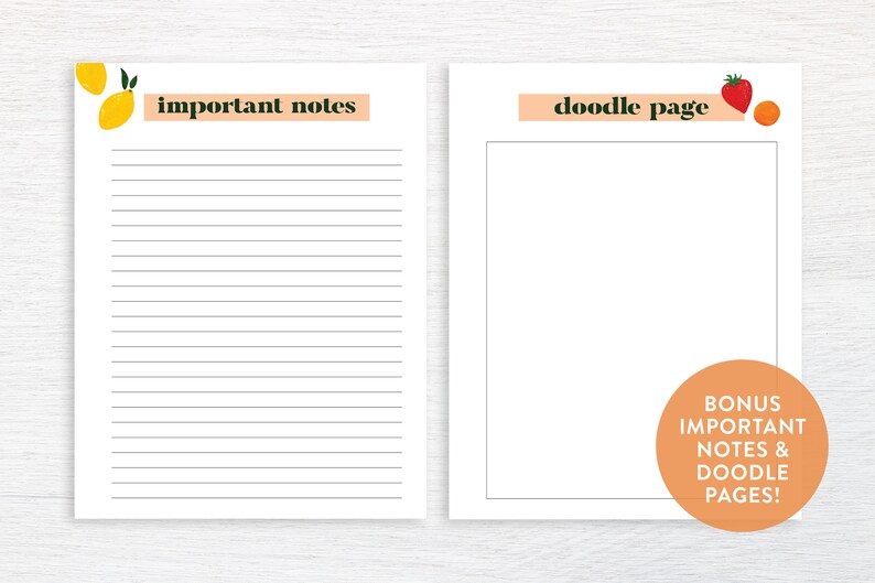 May include: Two printable pages, one with a lemon illustration and the text "important notes" and the other with a strawberry and orange illustration and the text "doodle page".