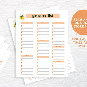 May include: Printable grocery list template with a peach background and a hand-drawn illustration of a grocery bag with lemons. The list is divided into categories: produce, meat, pantry, frozen, baking, dairy, bakery & deli, and other.