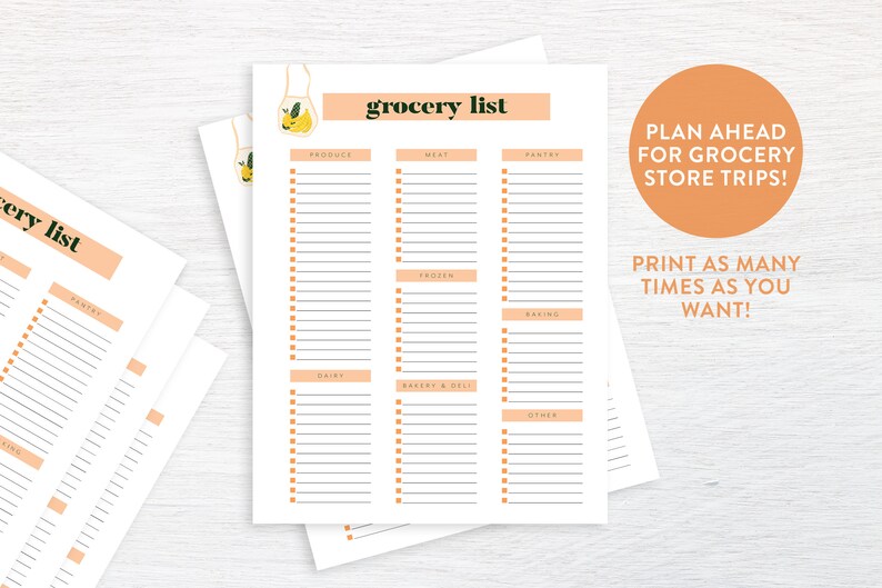 May include: Printable grocery list template with a peach background and a hand-drawn illustration of a grocery bag with lemons. The list is divided into categories: produce, meat, pantry, frozen, baking, dairy, bakery & deli, and other.