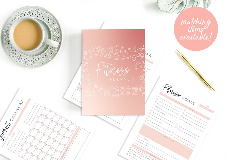 May include: A pink and white fitness planner with a calendar, fitness goals, and a cover with the text "Fitness Planner" and a white outline of fitness icons.