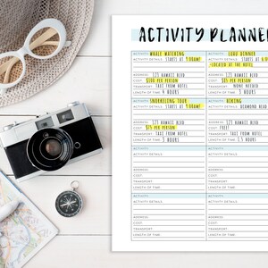 May include: A printable activity planner with a light blue and white background. The planner is divided into sections for different activities, with space to write in details such as the address, cost, transportation, and length of time. The activities listed include whale watching, snorkeling tour, luau dinner, and hiking.