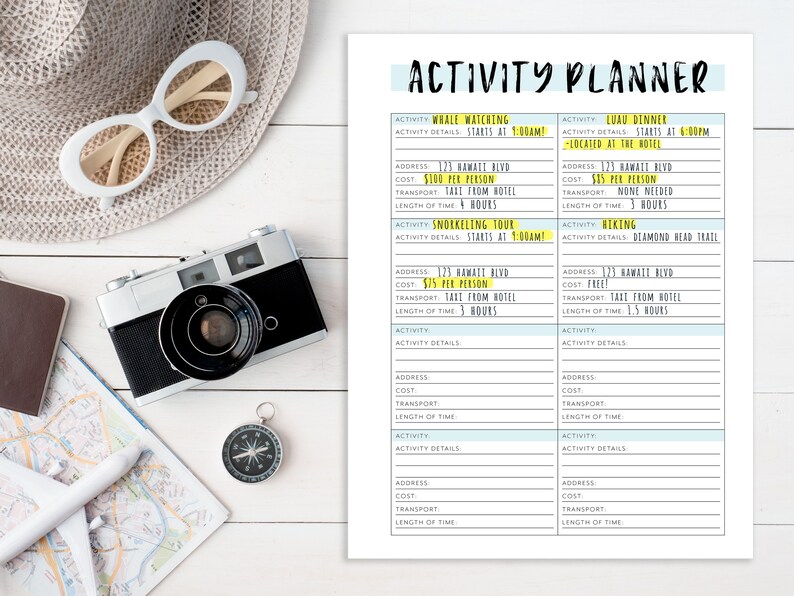 May include: A printable activity planner with a light blue and white background. The planner is divided into sections for different activities, with space to write in details such as the address, cost, transportation, and length of time. The activities listed include whale watching, snorkeling tour, luau dinner, and hiking.