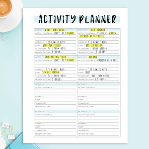May include: A printable activity planner with a blue and white design. The planner has sections for activities, addresses, costs, transportation, and length of time. The activities listed include whale watching, snorkeling, luau dinner, and biking.