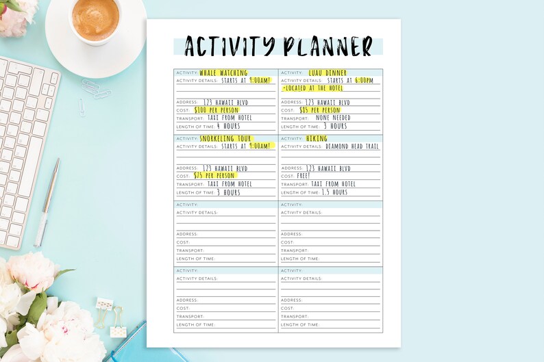 May include: A printable activity planner with a blue and white design. The planner has sections for activities, addresses, costs, transportation, and length of time. The activities listed include whale watching, snorkeling, luau dinner, and biking.