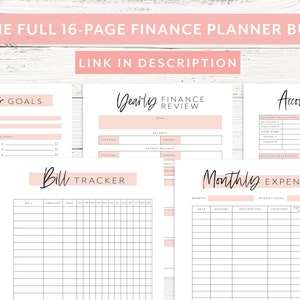 May include: A set of printable financial planner pages with headings for Savings Goals, Yearly Finance Review, Account Details, Bill Tracker, and Monthly Expenses. The pages are designed with a pink and white color scheme.