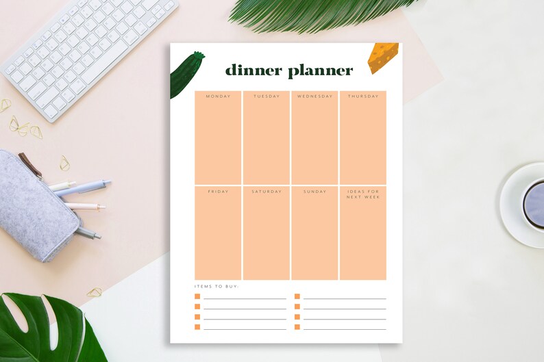 May include: A printable weekly dinner planner with a peach background. The planner includes sections for Monday through Sunday, as well as a section for ideas for the next week. There is also a section for items to buy.