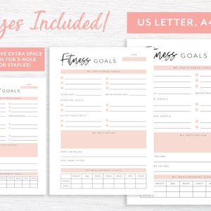 May include: Three printable fitness goal tracker sheets in US Letter, A4, and A5 sizes. Each sheet has a pink header with the text "Fitness Goals" and includes sections for tracking top fitness goals, sleep goals, exercise goals, nutrition goals, water intake goals, and motivation. The sheets also include a section for tracking measurements with columns for weight, bust, waist, hips, and thighs.