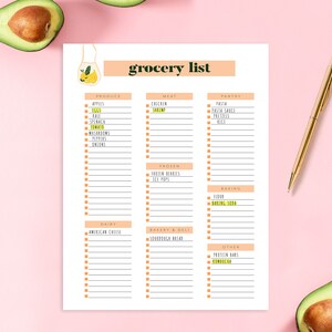 May include: A printable grocery list with checkboxes for various food categories, including produce, meat, pantry, frozen, dairy, bakery & deli, and other. The list is designed with a peach background and a yellow banana illustration.