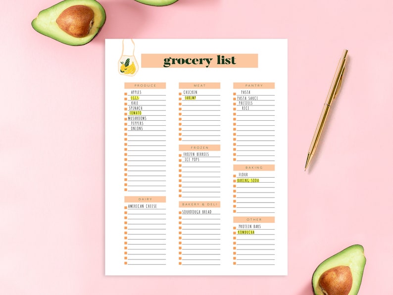 May include: A printable grocery list with checkboxes for various food categories, including produce, meat, pantry, frozen, dairy, bakery & deli, and other. The list is designed with a peach background and a yellow banana illustration.