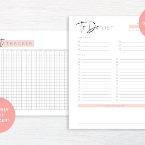 May include: A printable planner with a black and white habit tracker and a to-do list. The habit tracker has a grid with 31 columns and 12 rows. The to-do list has sections for top goals, to do, and notes and doodles. The planner has a pink background with the text "Habit Tracker" and "To Do List" in black.