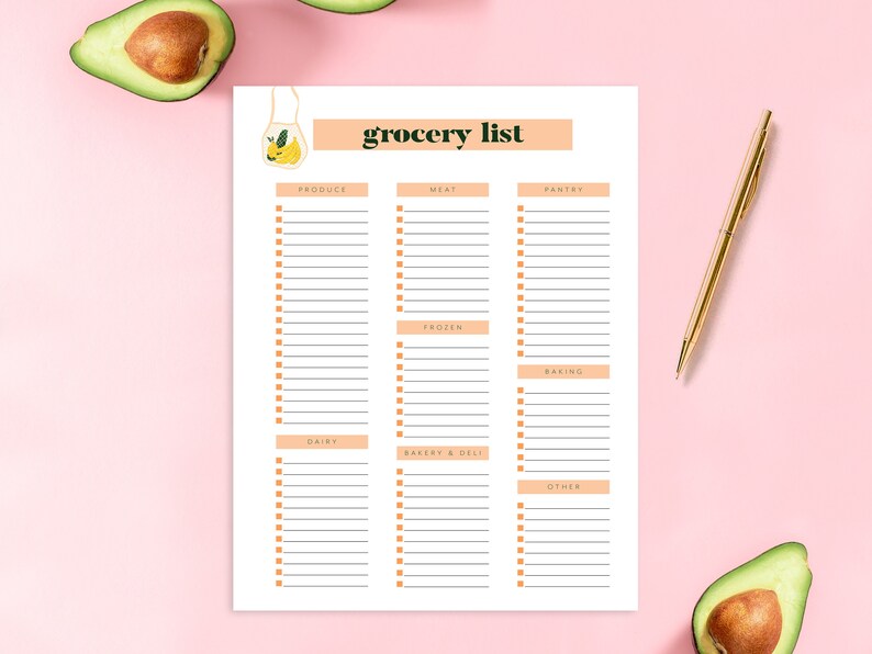 May include: A printable grocery list with sections for produce, meat, pantry, frozen, baking, dairy, bakery & deli, and other. The list has checkboxes next to each line item. The list is on a white background with a peach colored header that says "grocery list".